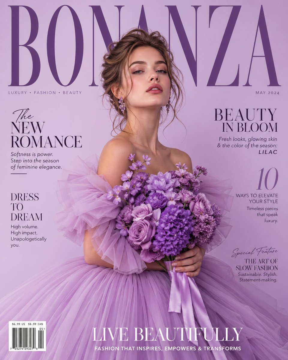 Lavender couture fashion magazine cover with layered tulle