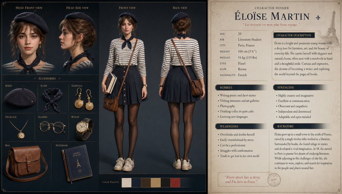 Wide 3D French student gaming character sheet