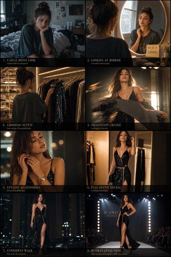 Cinematic fashion transformation storyboard with a confident runway reveal