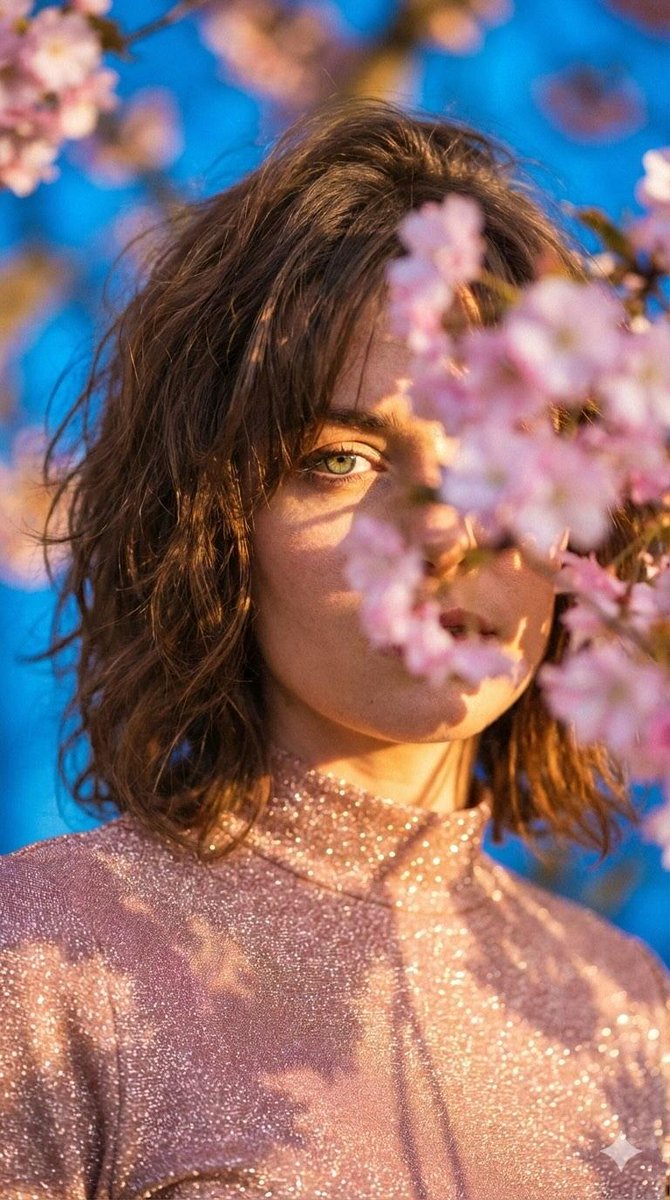 Cinematic portrait of a woman framed by pink blossoms