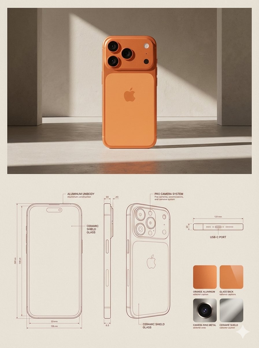 Premium product design catalog plate with lifestyle hero, technical drawings, and material swatches