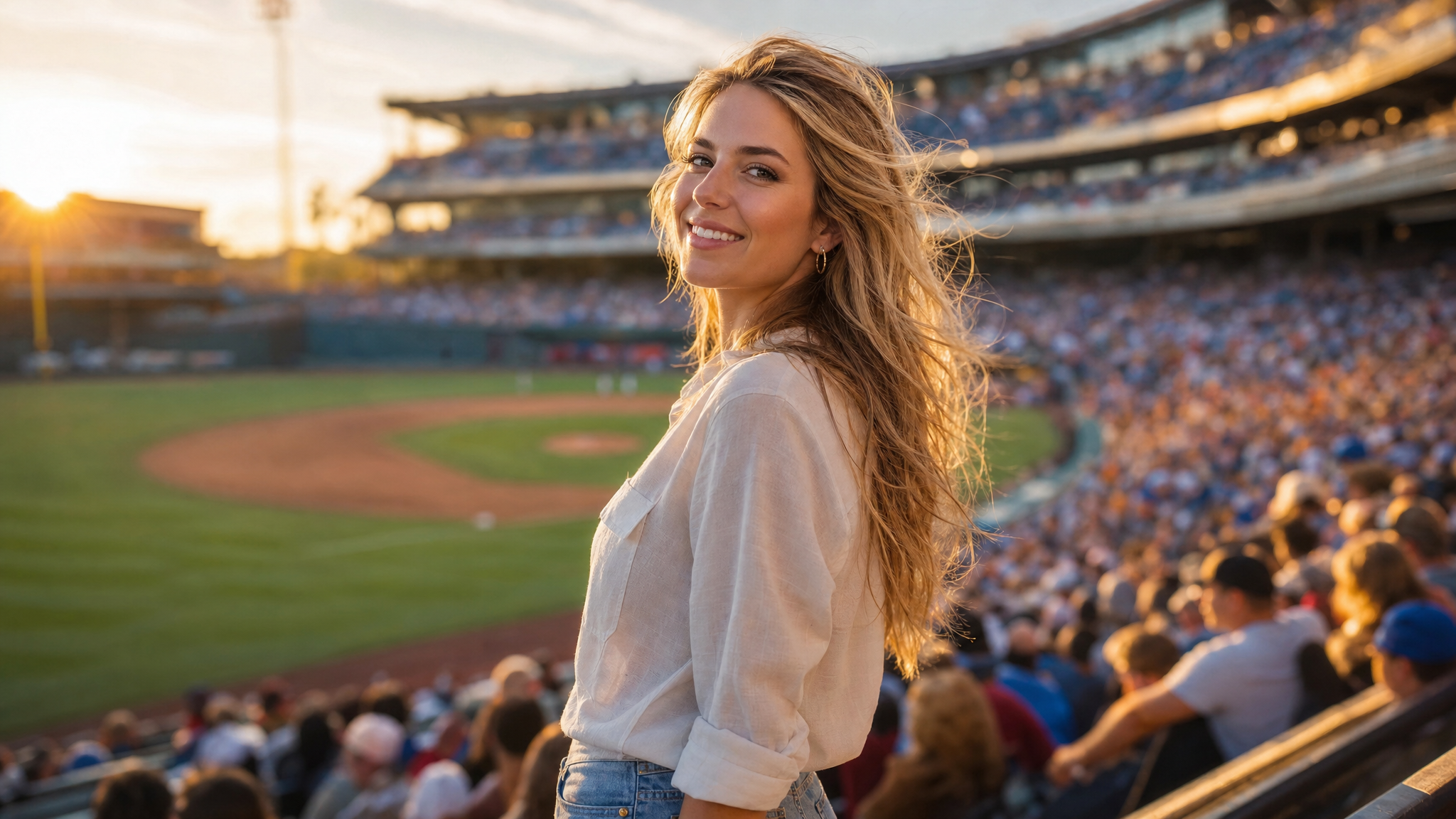 AI baseball stadium video generator prompt control example with a test woman in stadium broadcast scene