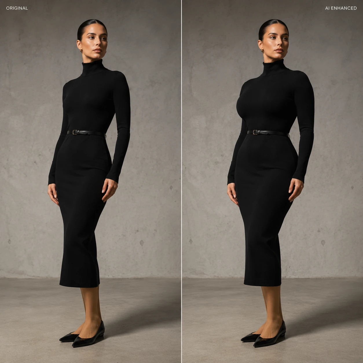 AI breast enlargement before-and-after editorial fashion comparison