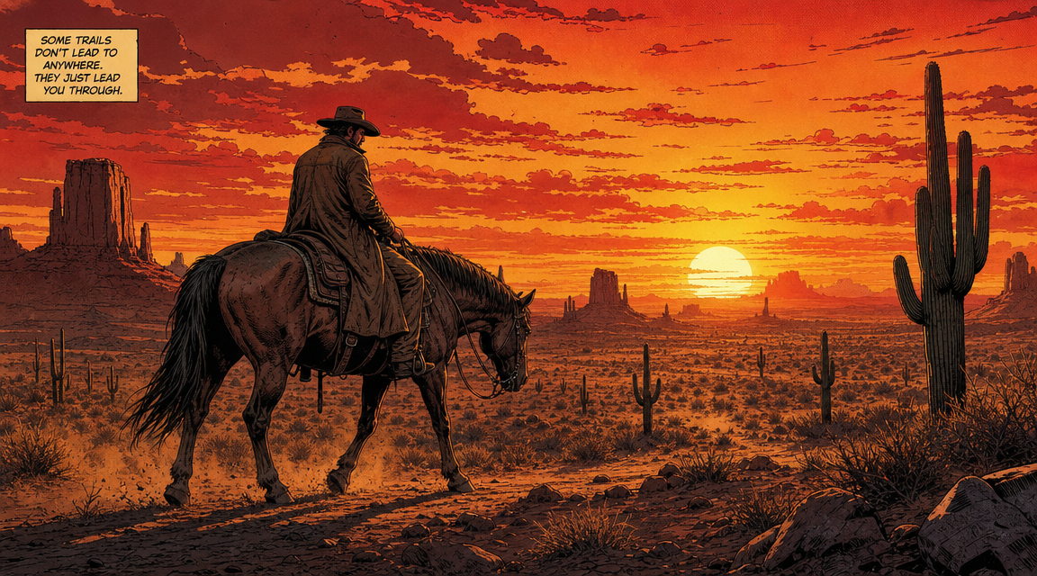 AI comic book maker preview showing a cowboy gunslinger in a western town at sunset in bold comic style