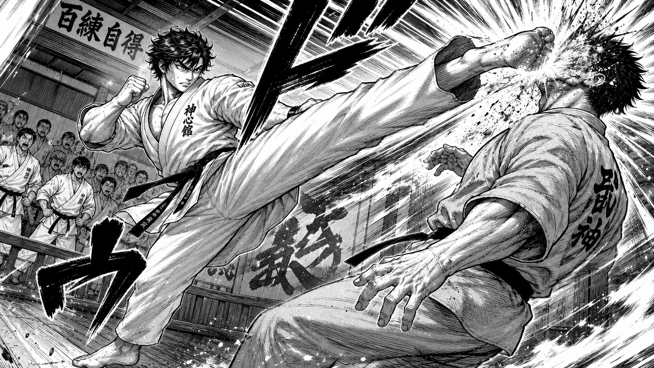 AI comic book maker manga action showcase with a fighter performing a high kick