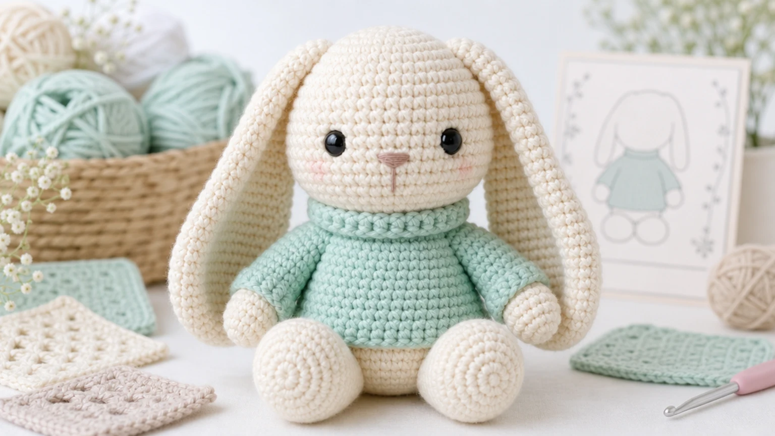 AI crochet patterns free idea showing a cream amigurumi bunny with mint sweater