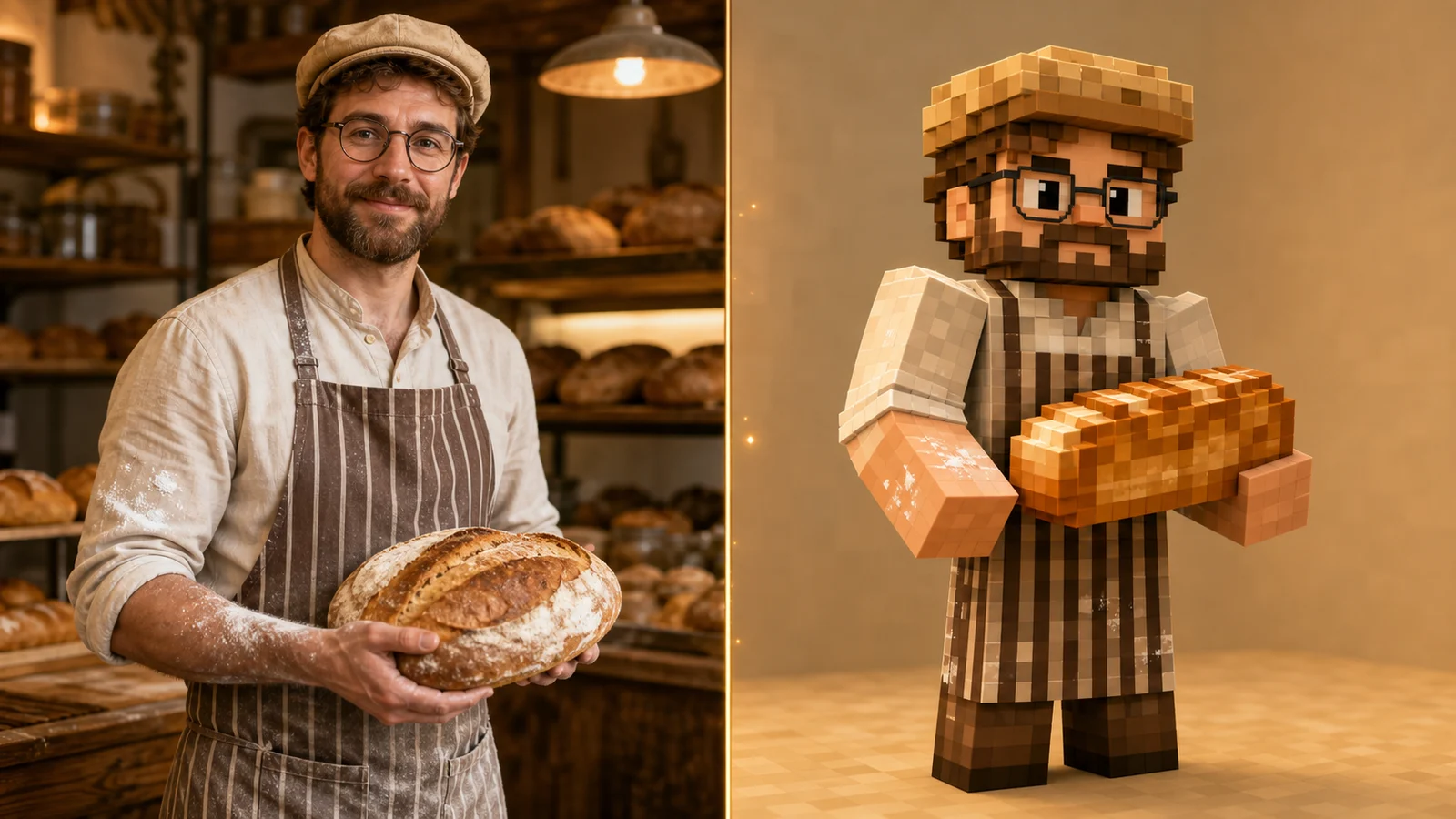 AI Minecraft skin generator free prompt idea showing a baker reference transformed into an original voxel skin preview