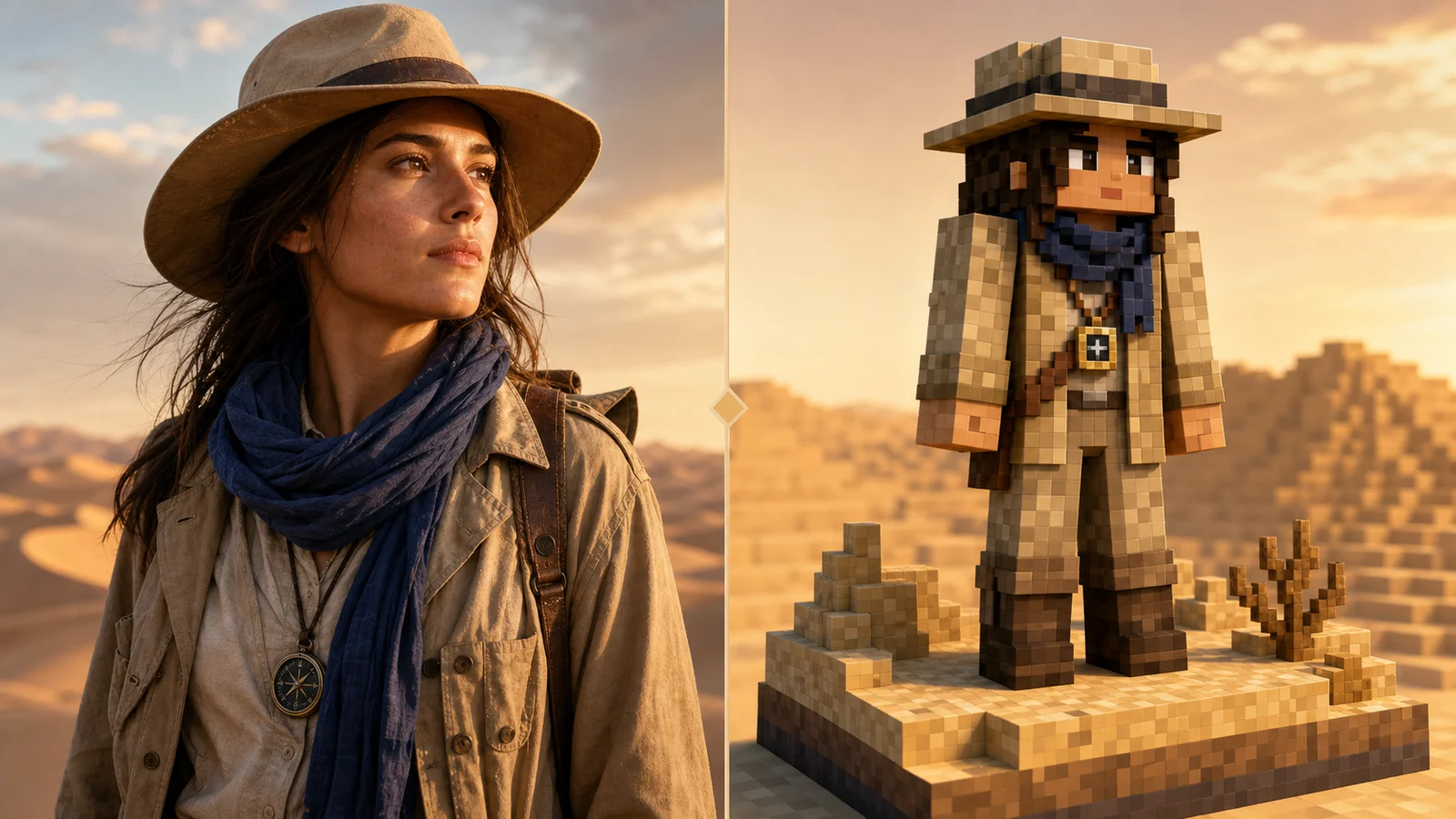 AI Minecraft skin generator game prompt idea showing a desert explorer converted into a blocky voxel skin