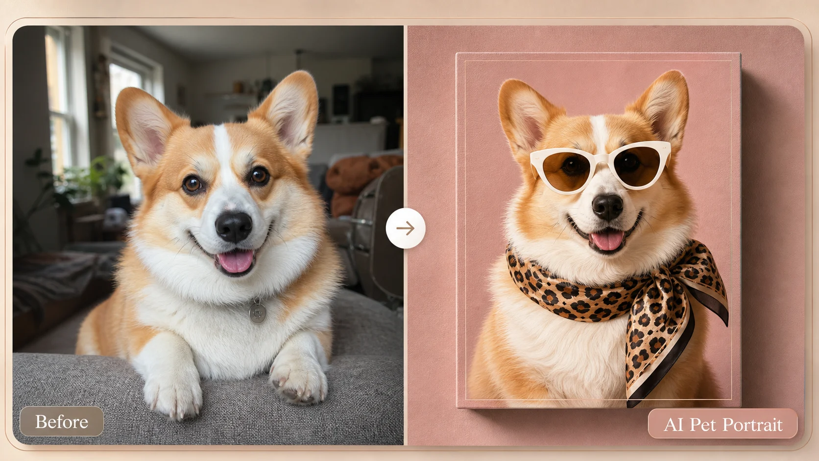 AI pet portrait generator preview showing a Pomeranian transformed into a luxury editorial pet poster