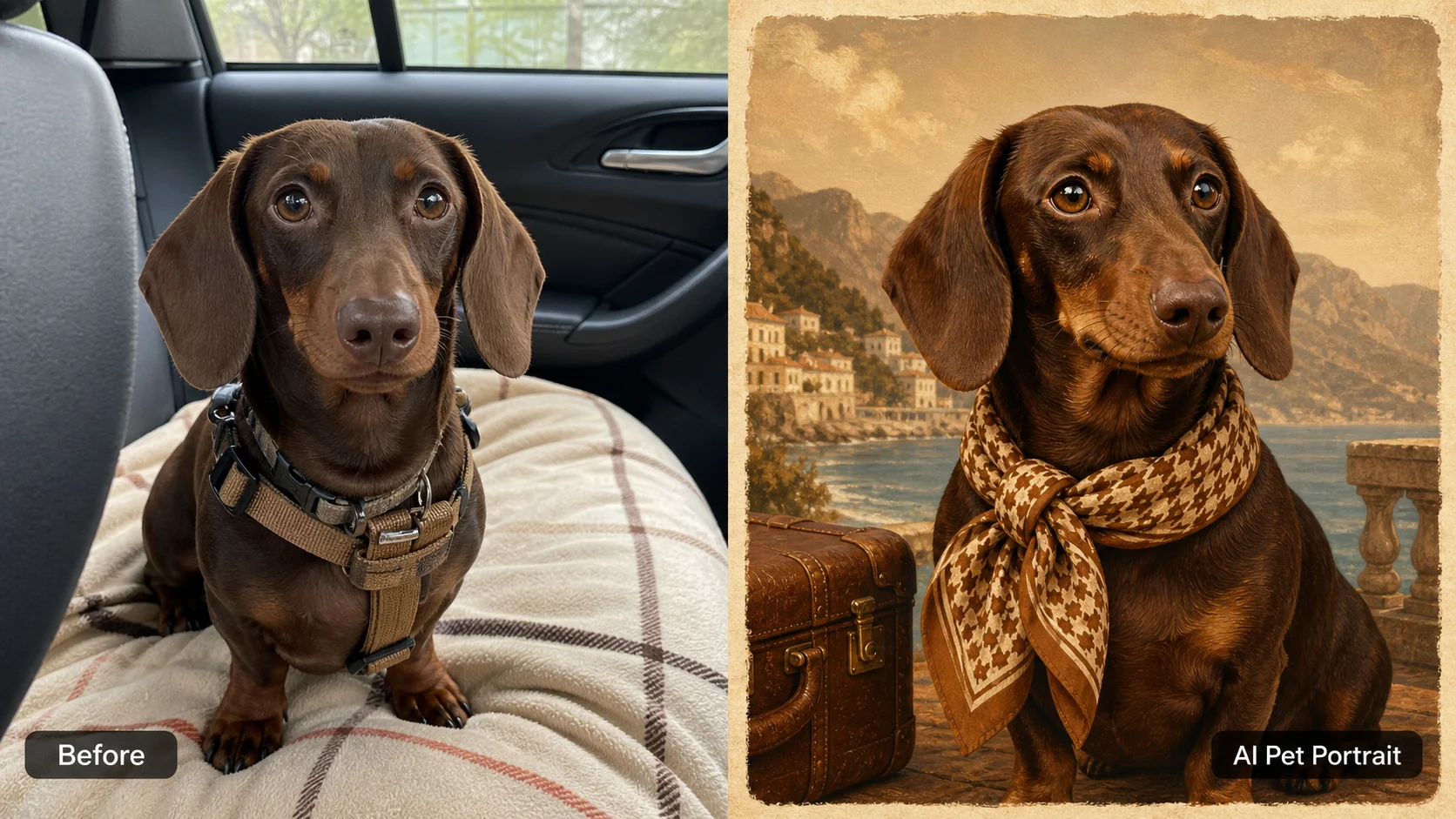 AI dog portrait example showing a French bulldog transformed into a polished oil-paint custom pet portrait