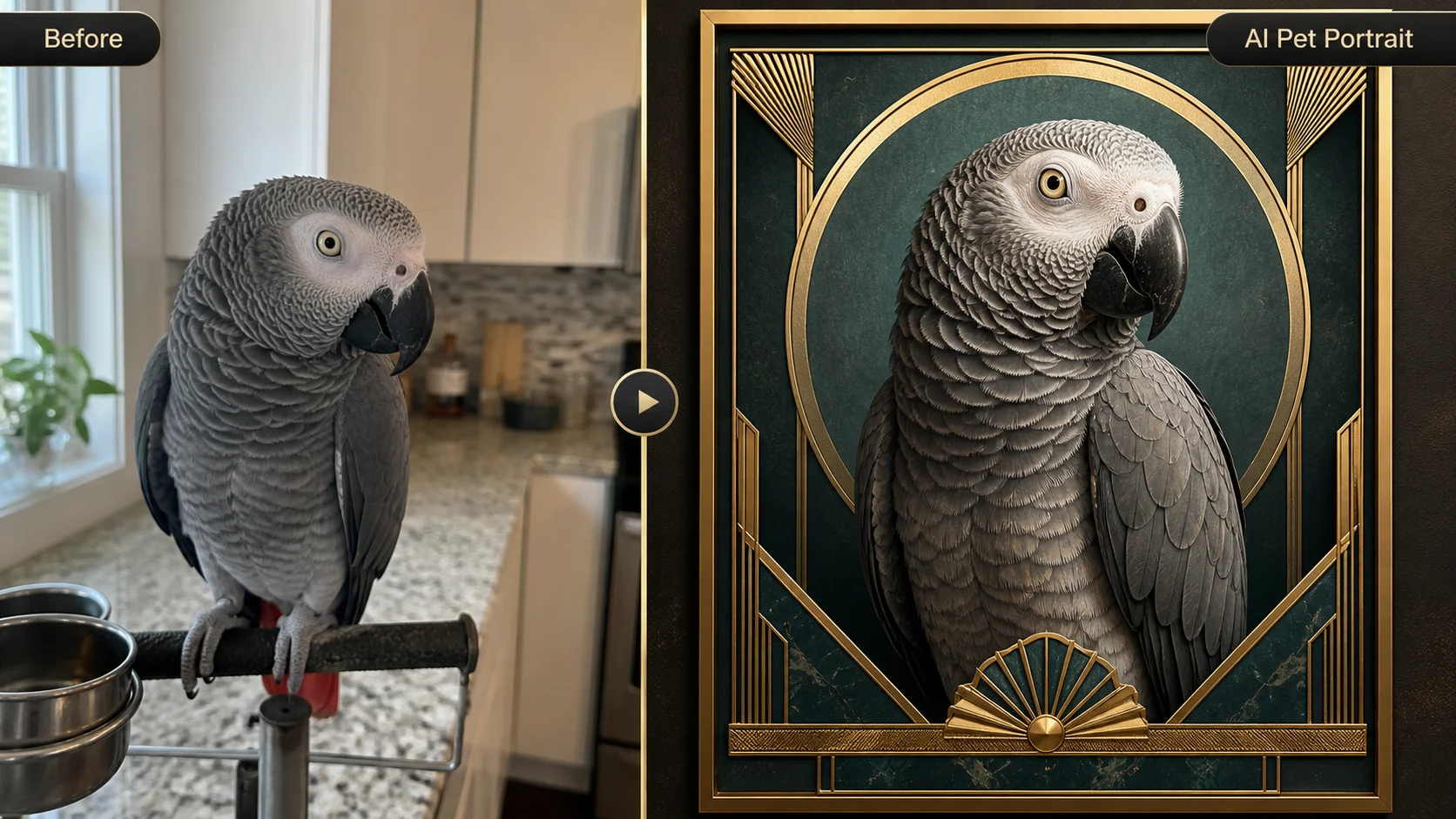 Pet portrait AI example showing a calico cat restyled as a soft rose-gold custom pet portrait
