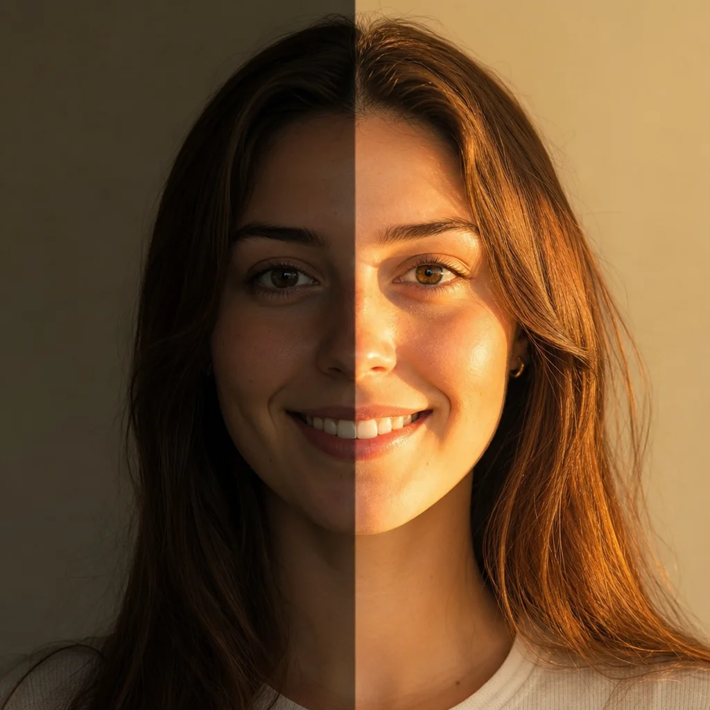 Window sunlight portrait created with ai photo relight showing warm golden hour side lighting