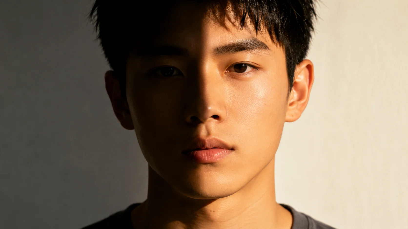Low-angle up light portrait with ai photo relight showing inverted shadow pattern on the face