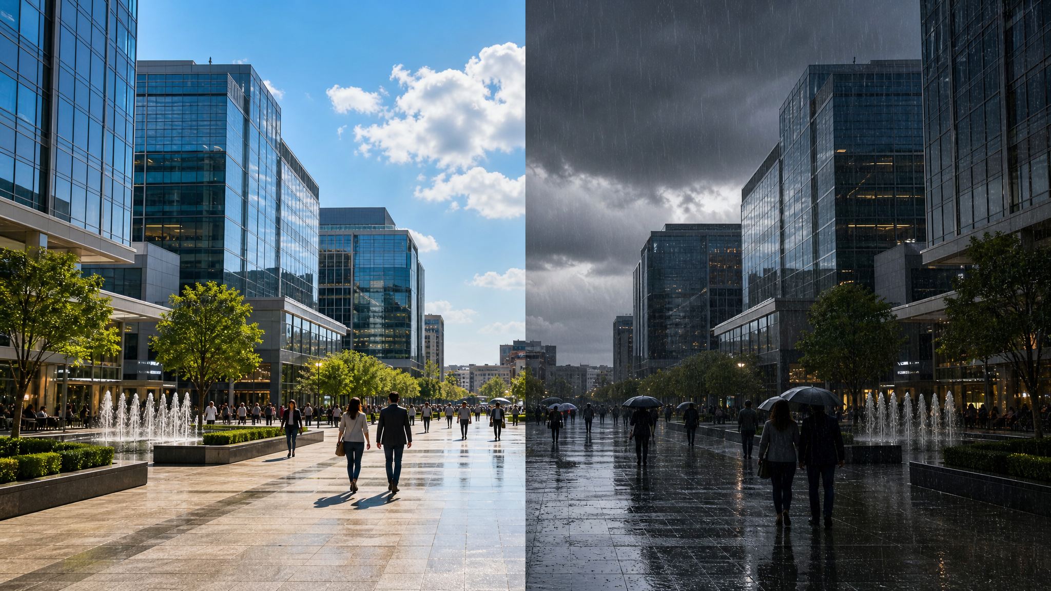 AI rain effect on photo online tutorial showing a Mediterranean harbor with wet cobblestone reflections and steady rain
