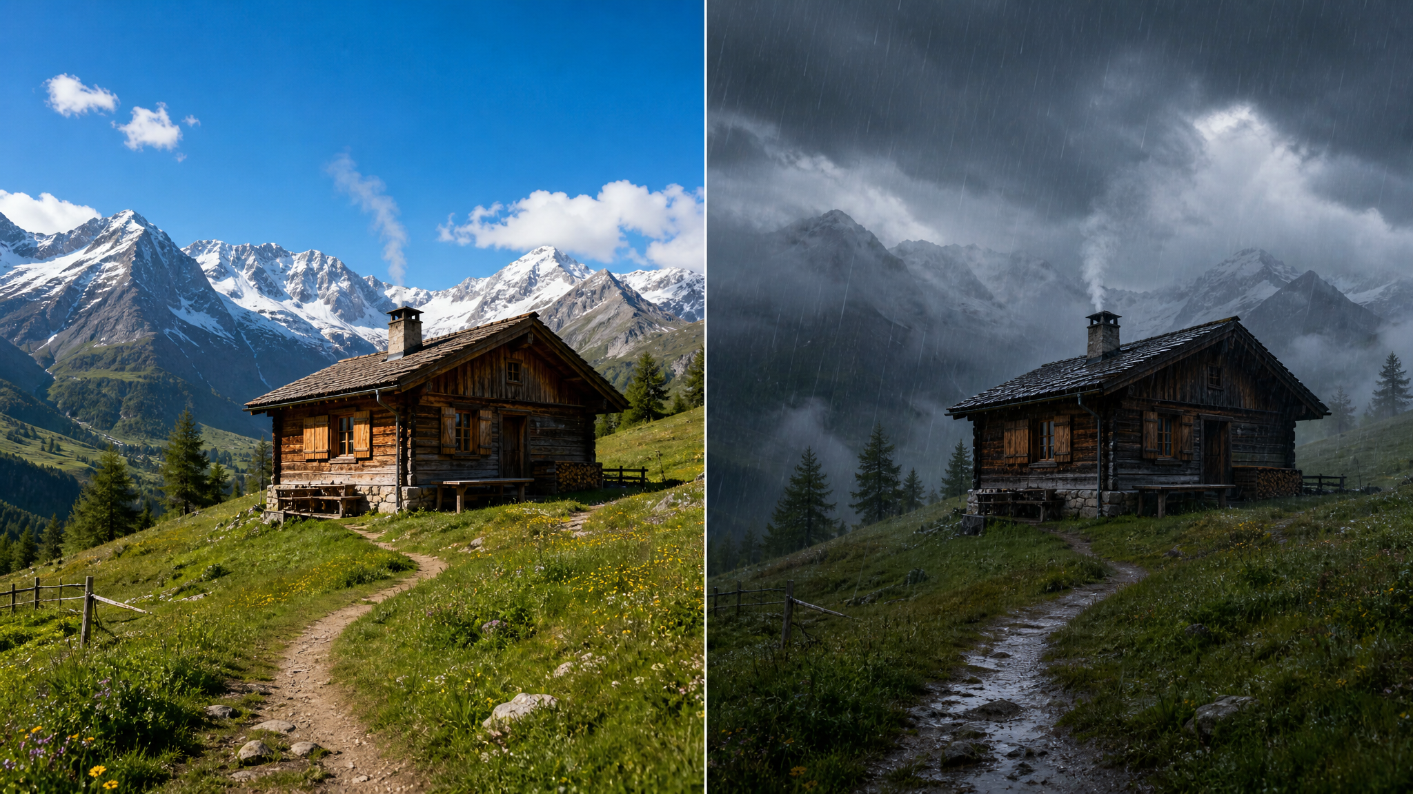 AI rain effect on photo online tutorial showing a mountain cabin with rain mist and stormy sky