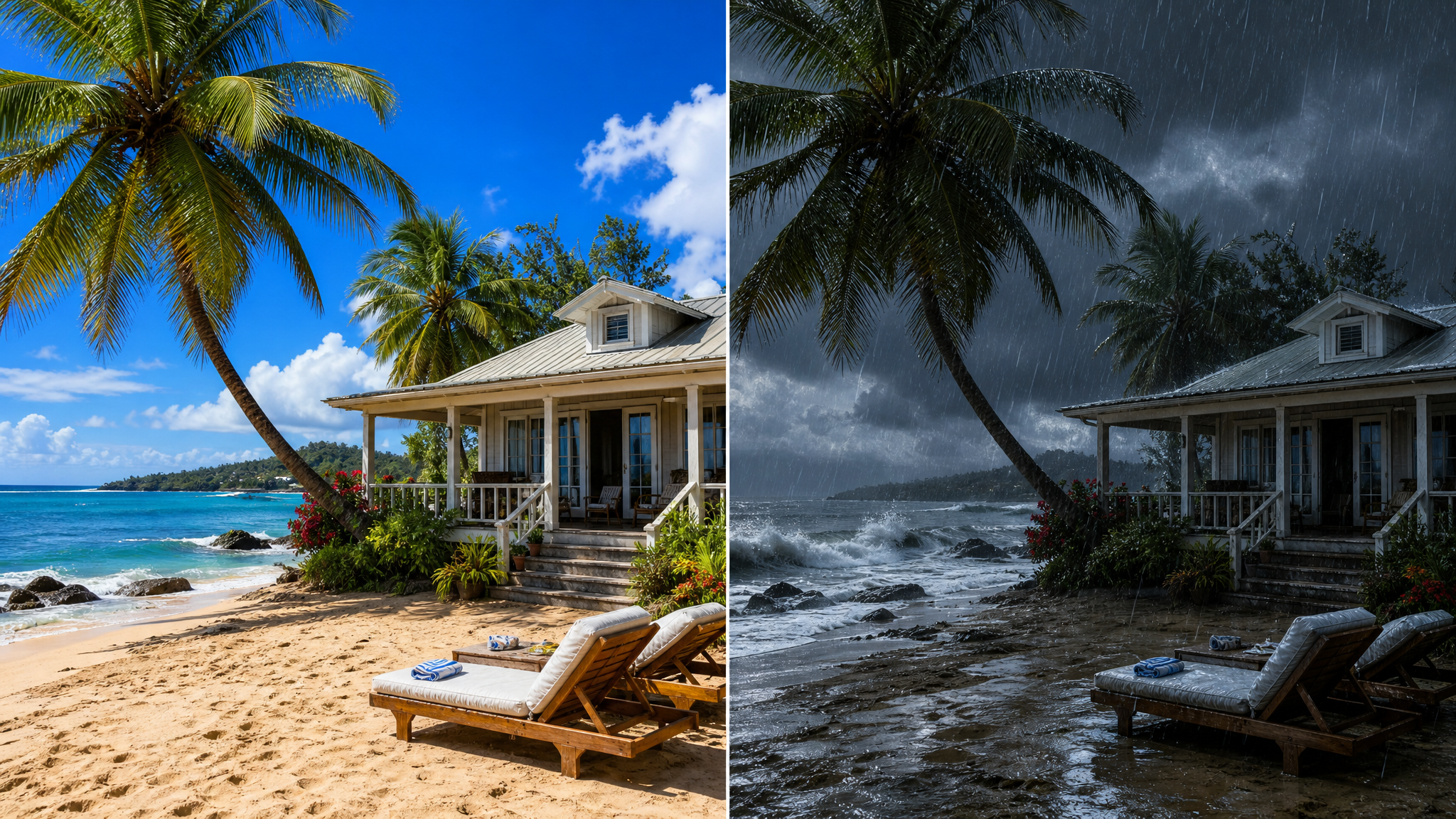 AI rain effect on photo online tutorial preview showing a coastal beach house with rain wet sand and moody sky