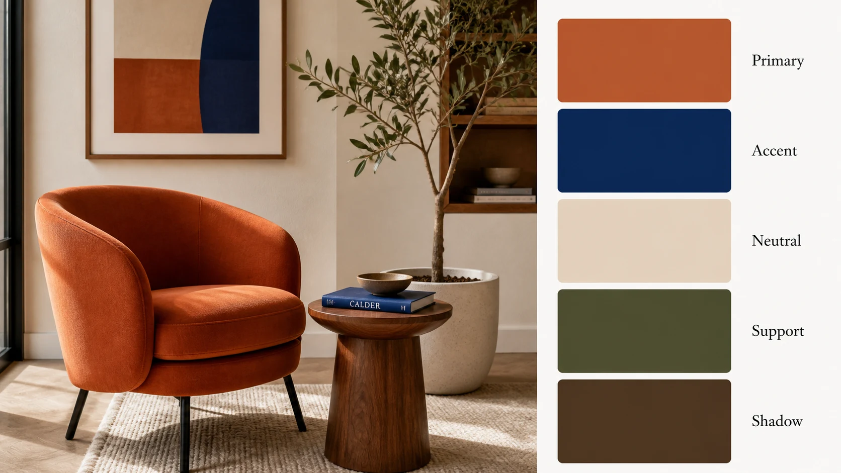 Color palette by image interior report with a terracotta chair and five swatches