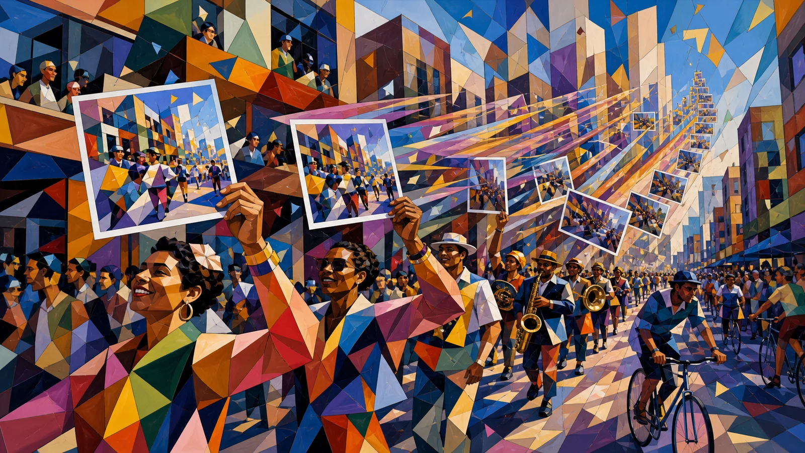 Create video from photos with cubist city parade transitions