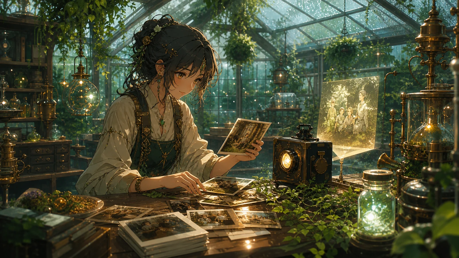 Create video from photos AI greenhouse alchemist scene