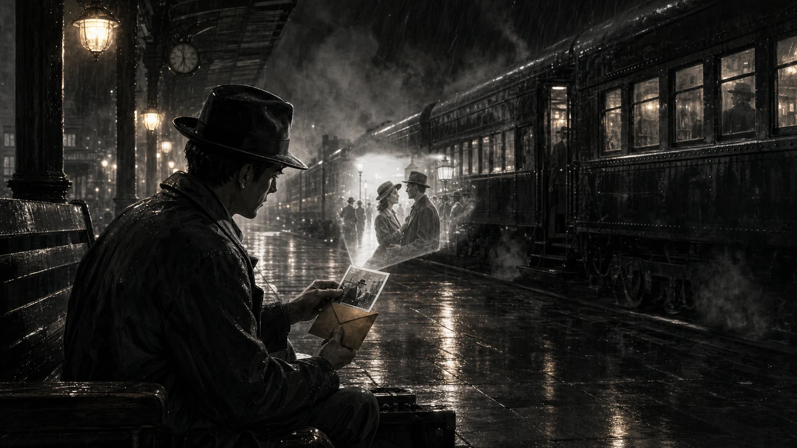 Create video from photos in a rainy noir train station scene