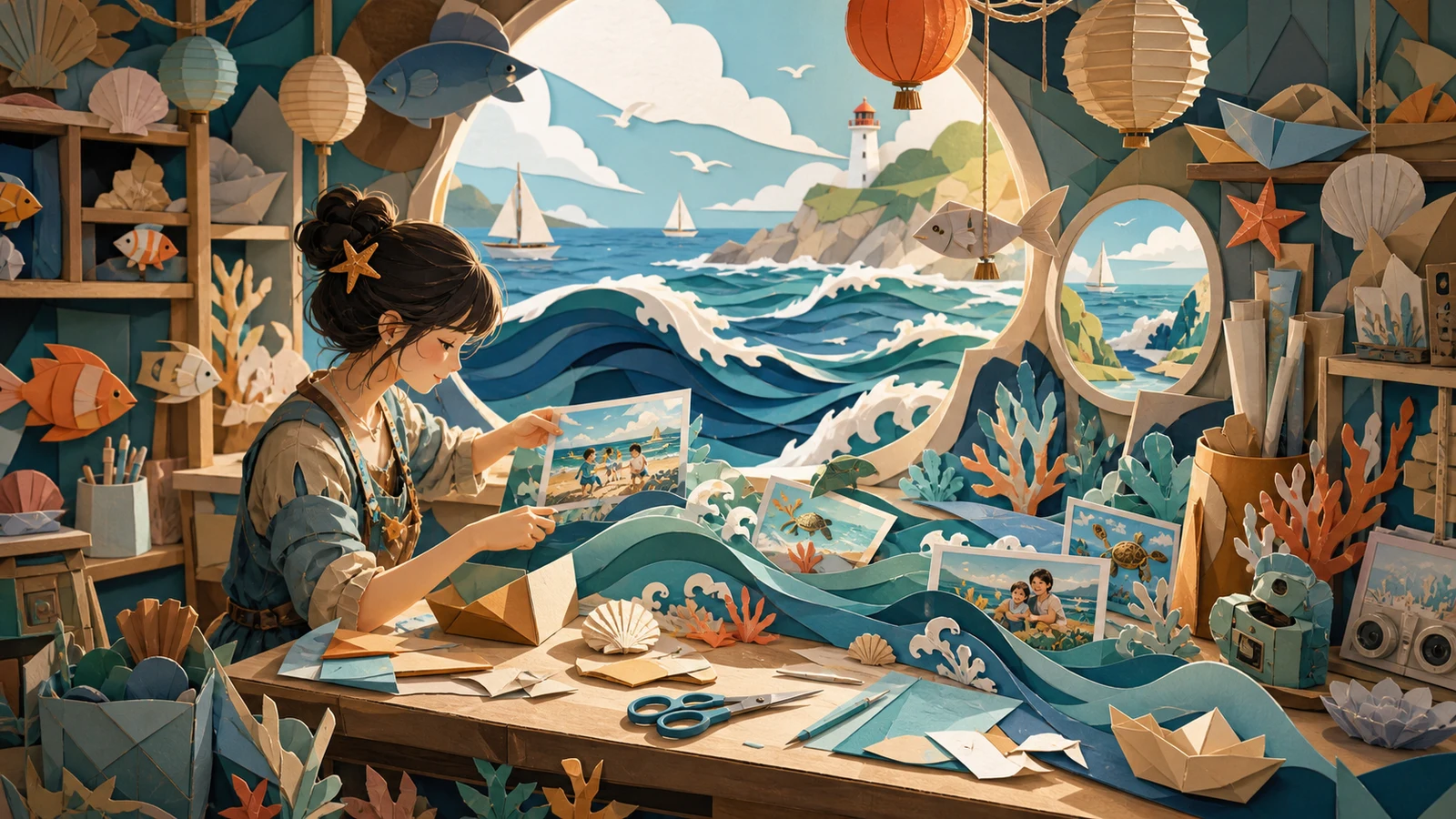 Create online video from photos in a paper-cut ocean workshop style