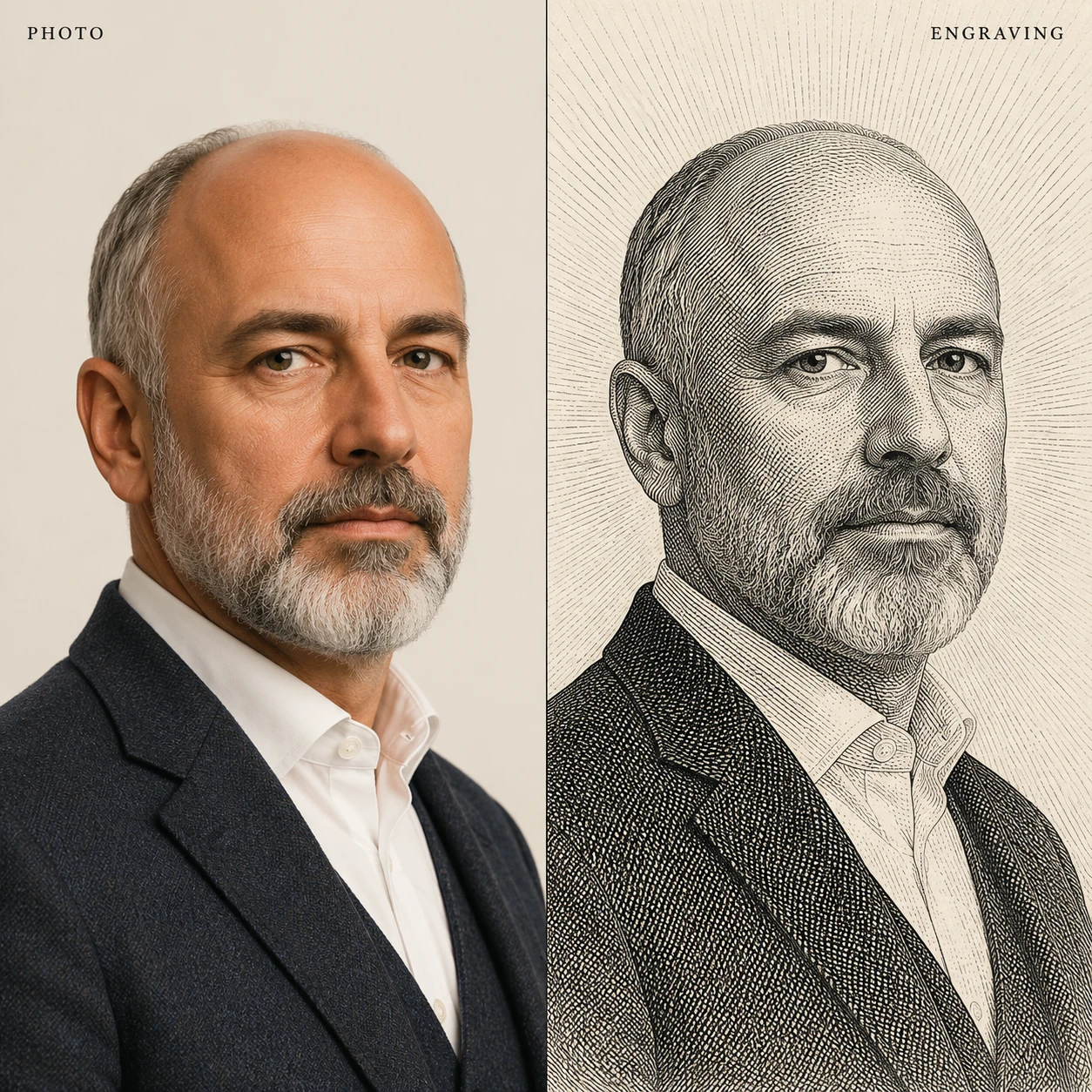 Sample output — a banknote-style engraving portrait with fine cross-hatching