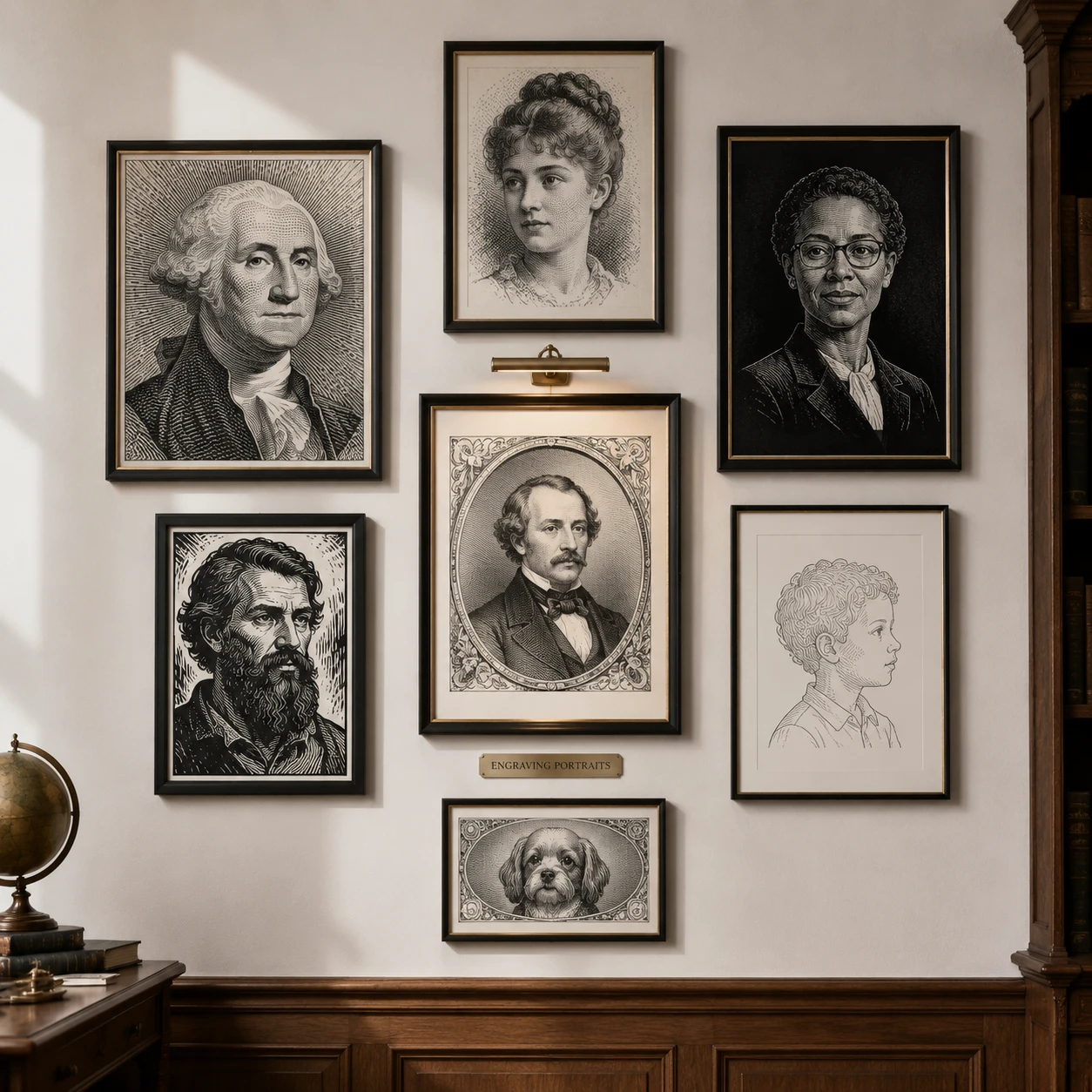 A wall of framed etched portraits generated from photos