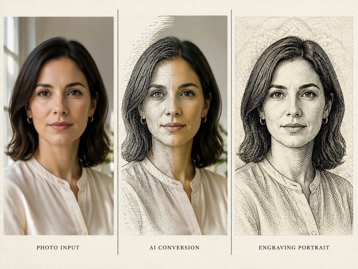 Side-by-side photo and etched portrait — illustrating what the tool produces