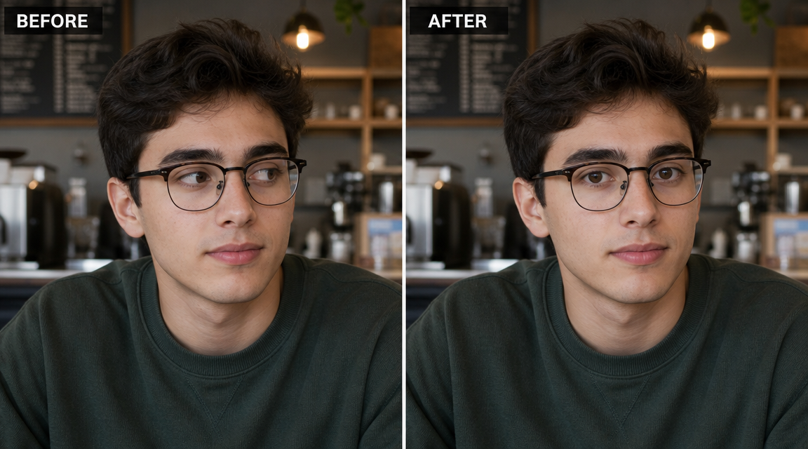 Natural eye reconstruction result after AI eye direction changer gaze redirection showing preserved skin and eyelid detail