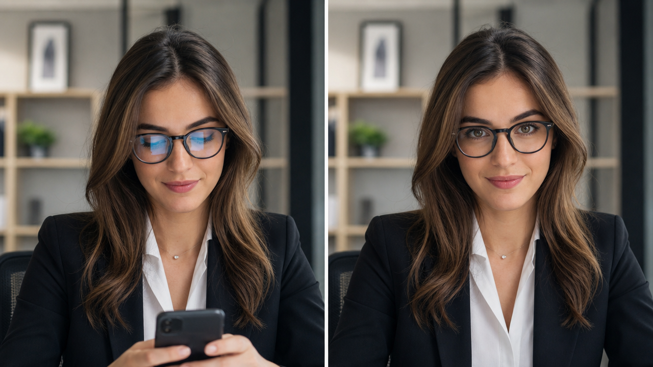 Comparison showing eye direction change from closed eyes and off-camera gaze to looking at camera using an eye direction changer