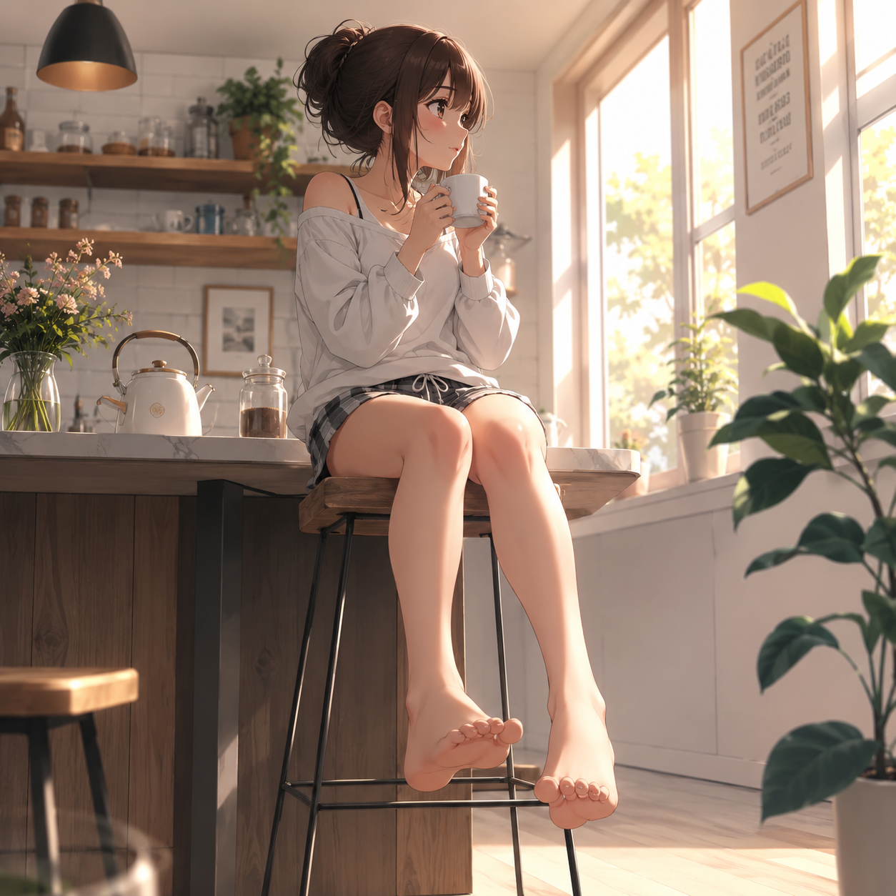 Anime feet image generator tutorial showing a girl at a drawing desk with reference sketches using the feet image generator