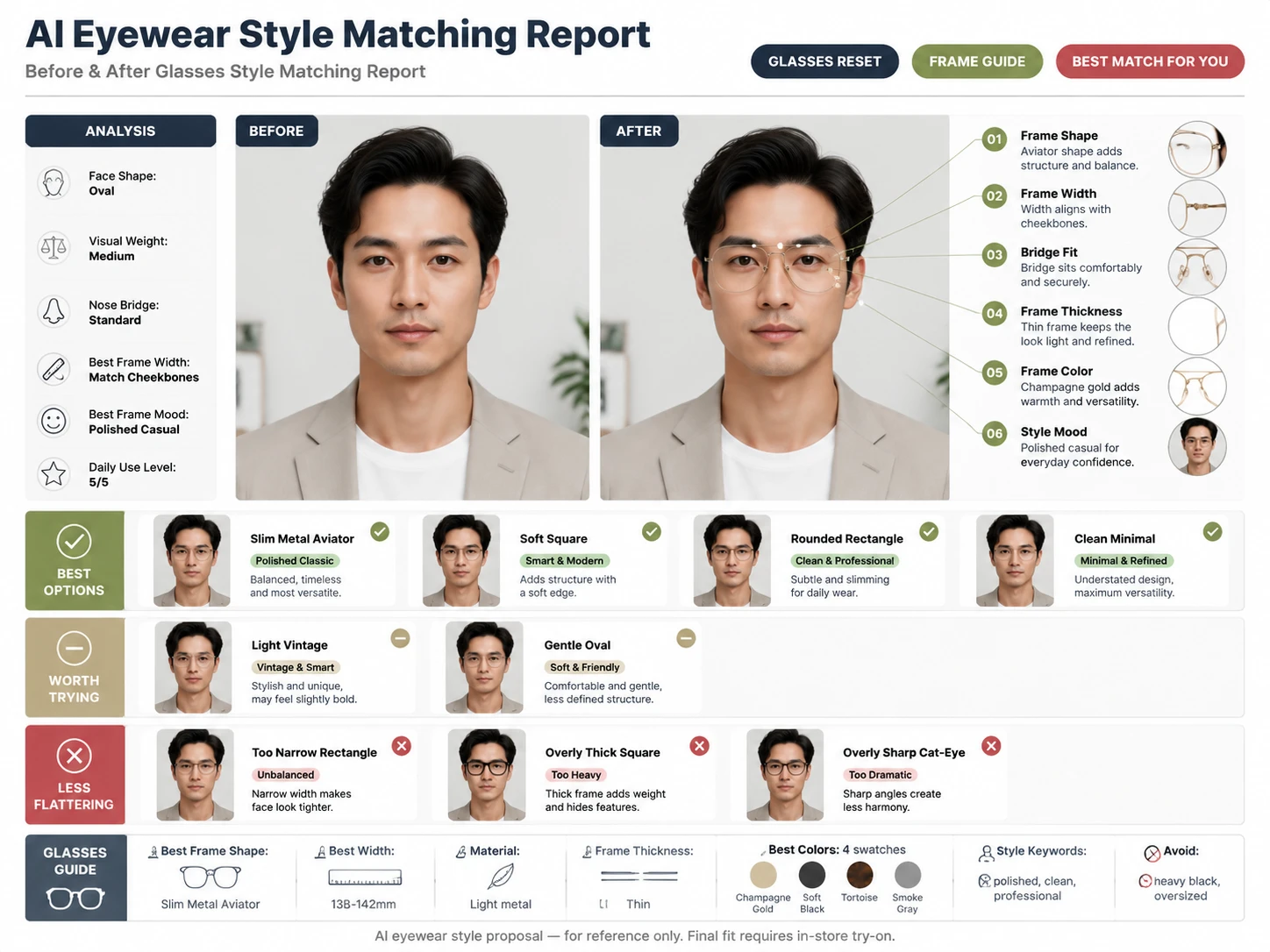 Sample AI Eyewear Style Matching Report showing detected face shape, 4 recommended glasses, try zone, and avoid zone