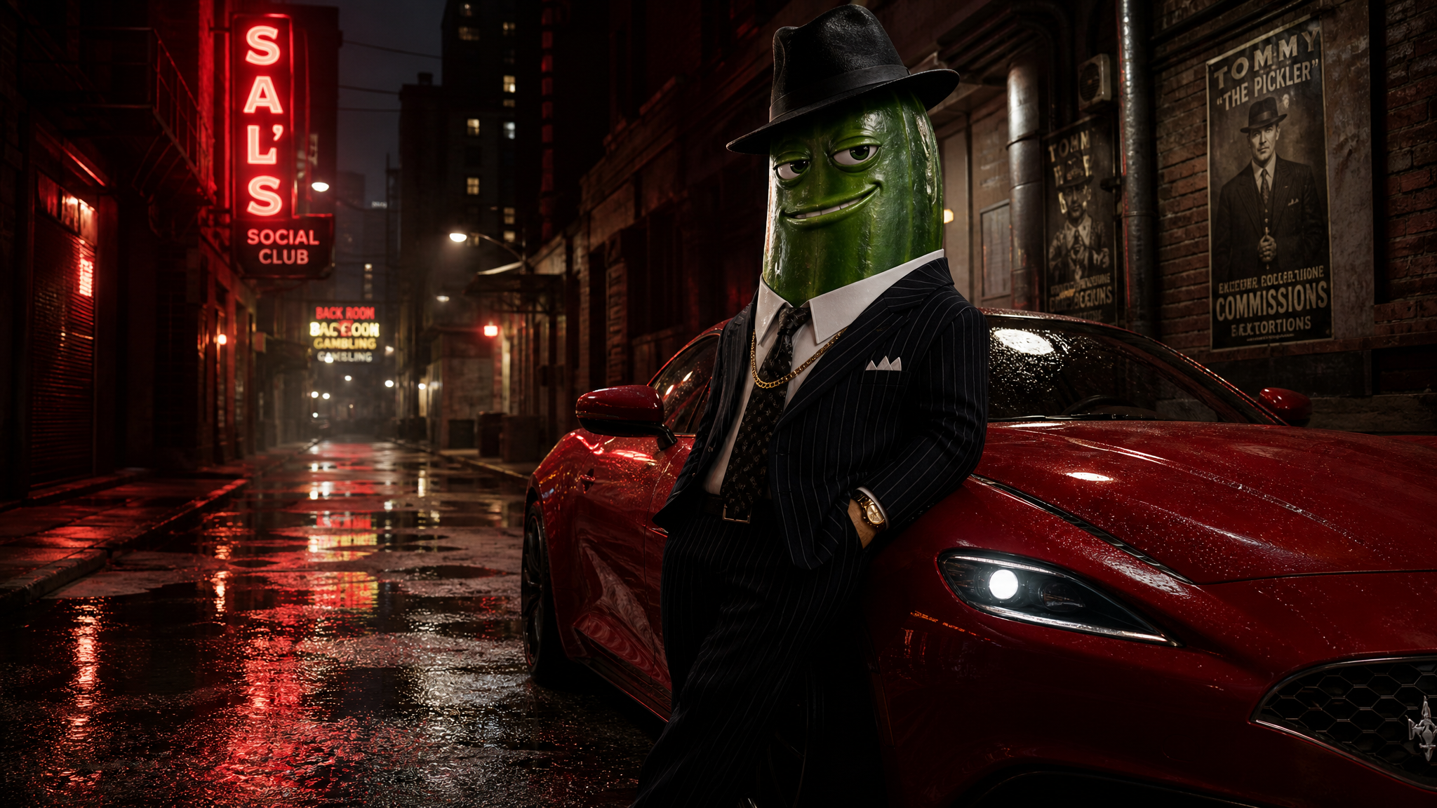 Goofy AI images generator showcase of a cucumber character with a gangster hat in a funny cartoon scene