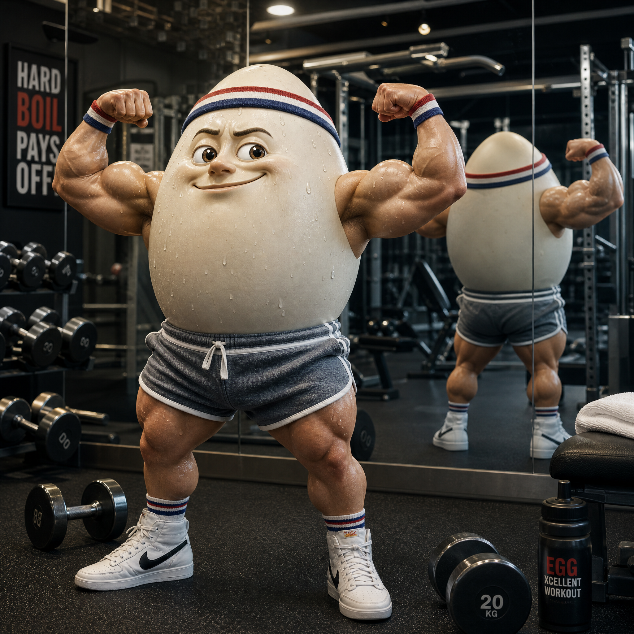 Goofy AI image generator showcase of a buff egg character working out in a funny gym scene