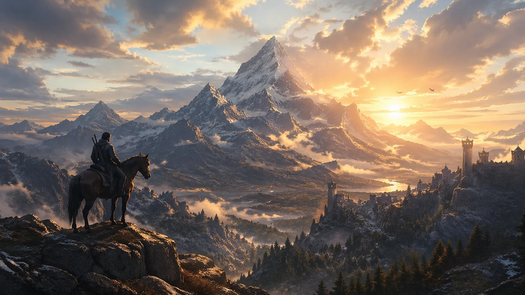 AI-generated cinematic fantasy landscape with rider and snow-capped mountains