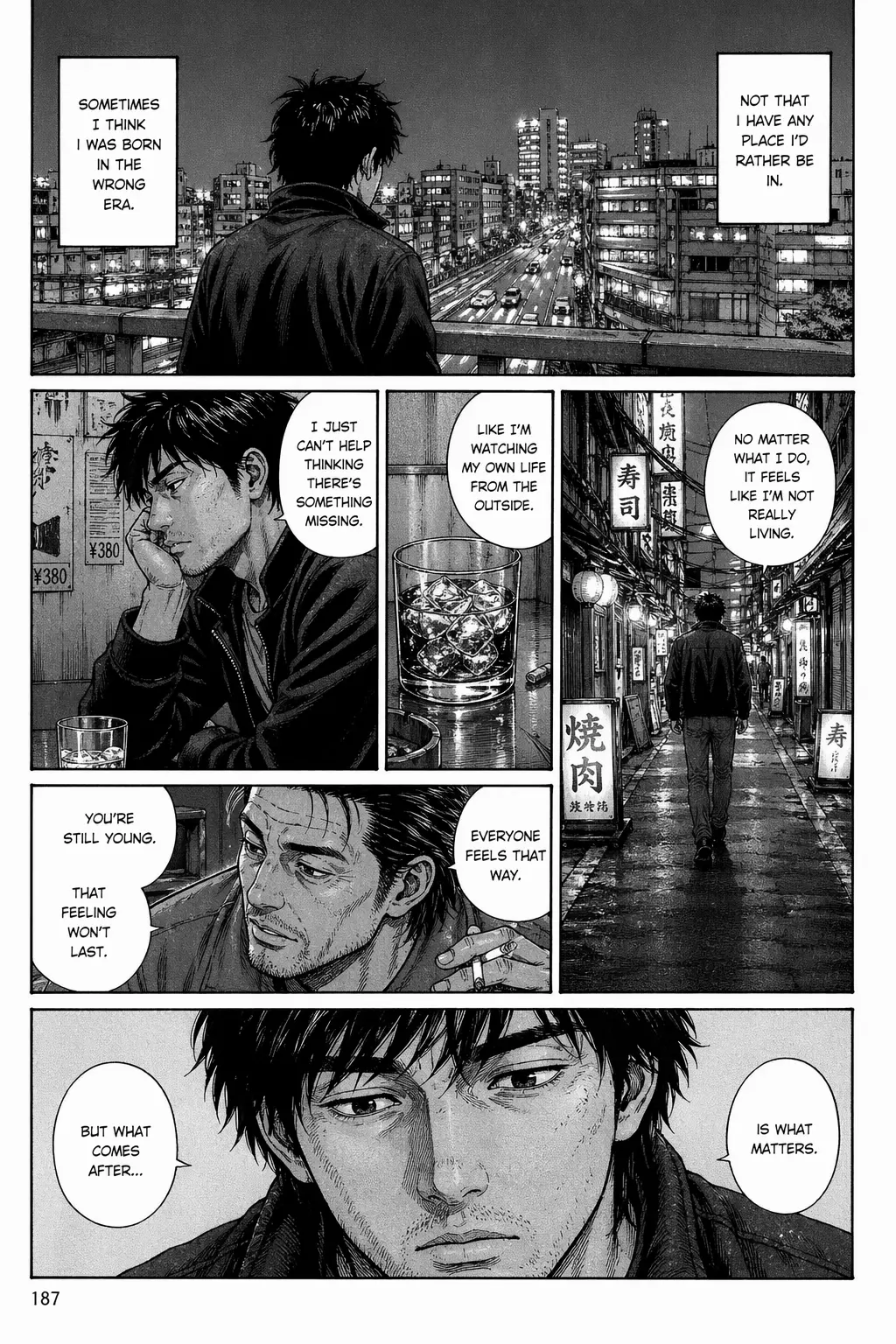 AI-generated noir manga with English dialogue bubbles and Japanese street signs