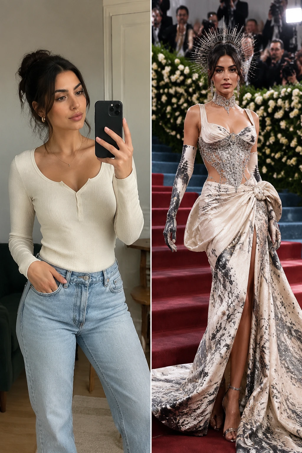 Sample output — a 2026 Met Gala couture portrait generated from one selfie