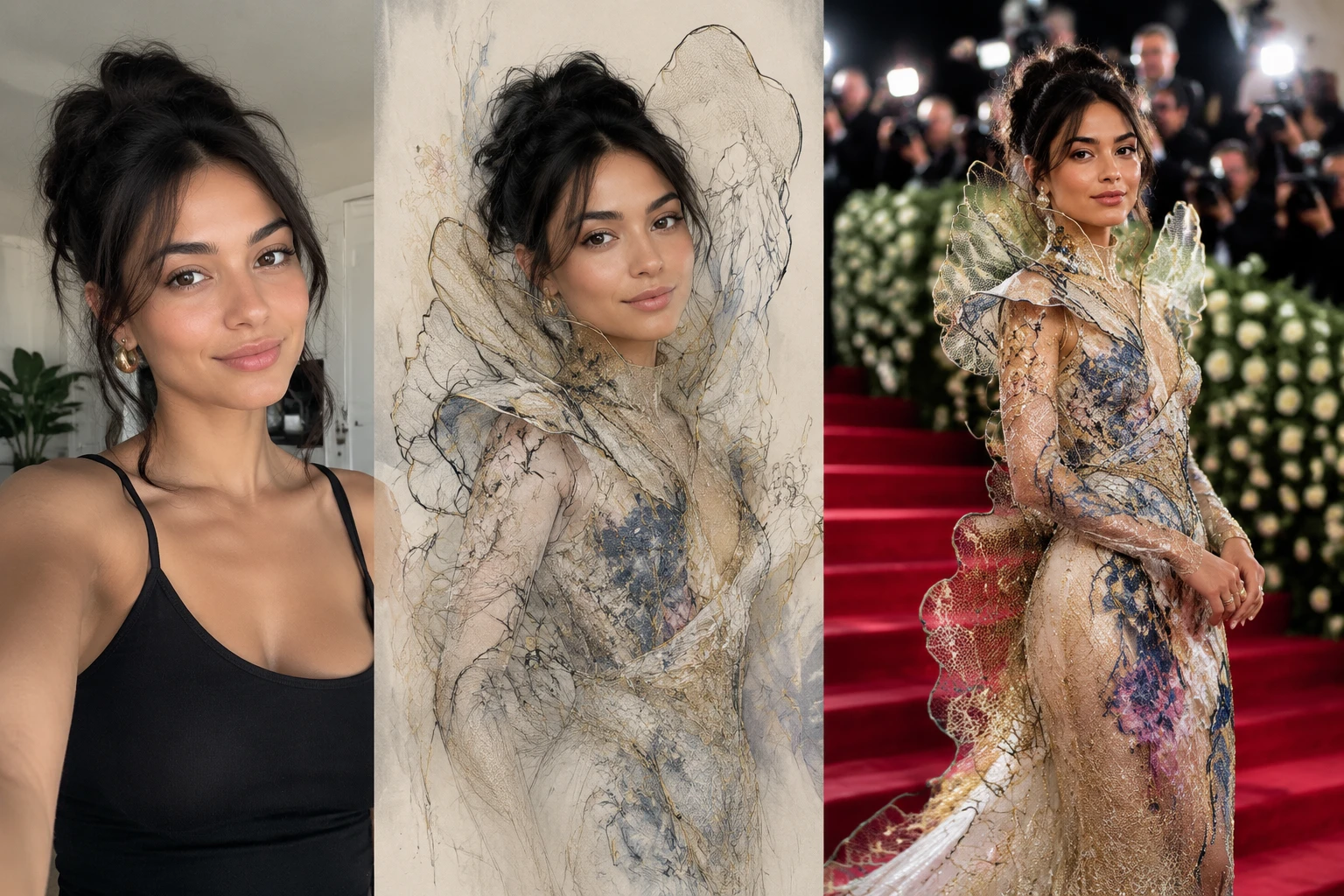 Selfie next to a Met Gala AI portrait — illustrating what the prompt produces