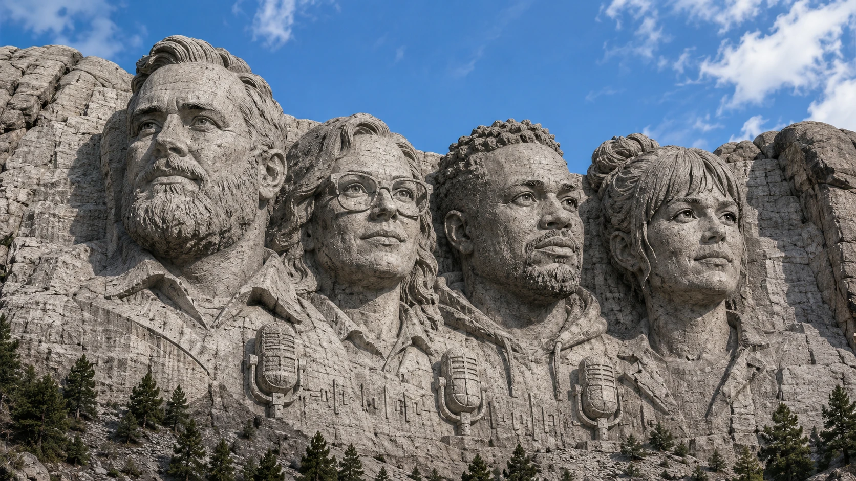 Mount Rushmore creator AI showcase with four fictional podcast hosts carved into a mountain