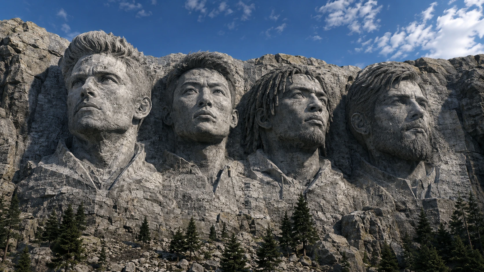 Mount Rushmore maker online free showcase with four fictional gaming squad portraits carved in granite
