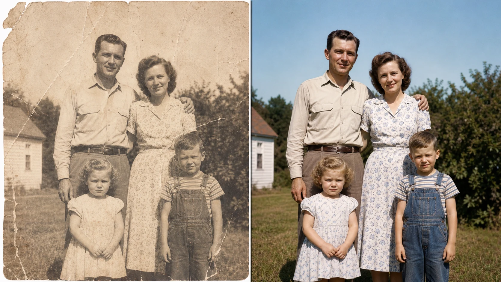Old photo restorer online comparison of a faded family snapshot repaired and colorized