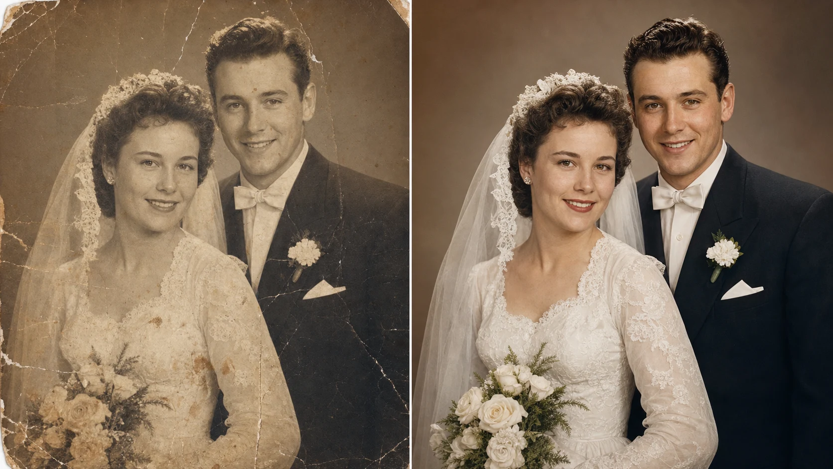AI old photo restorer and colorizer comparison for a restored vintage wedding portrait
