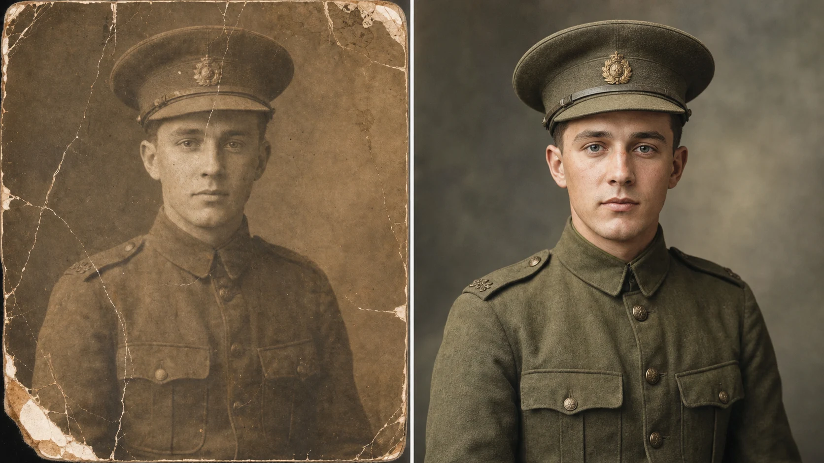 Old photo to new 4K online comparison of a faded soldier portrait restored with natural color