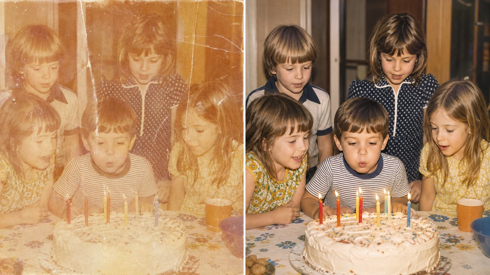 AI old photo restorer colorizer upscaler comparison restoring a faded childhood birthday photo