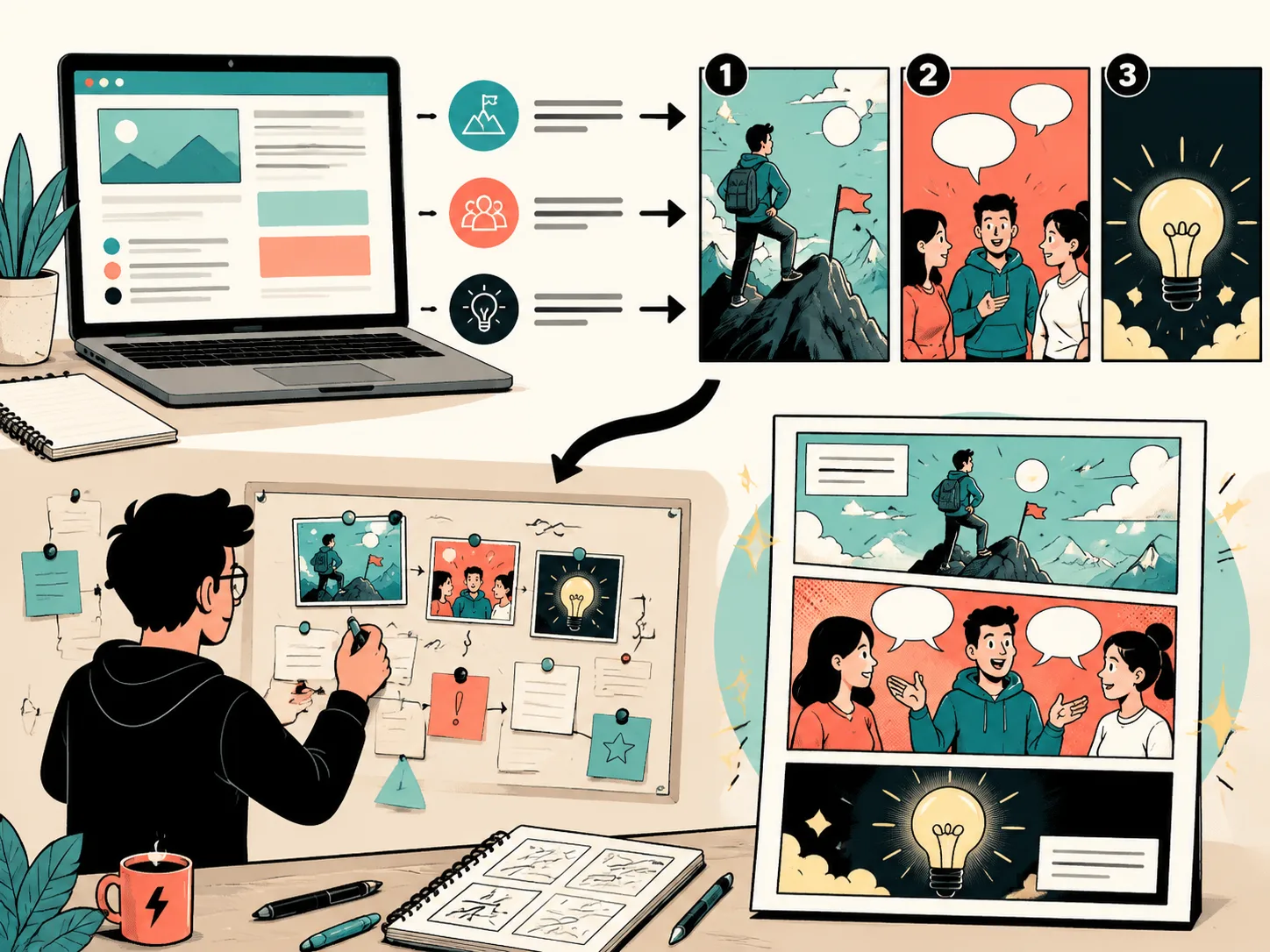 Webpage summary converted into comic panels