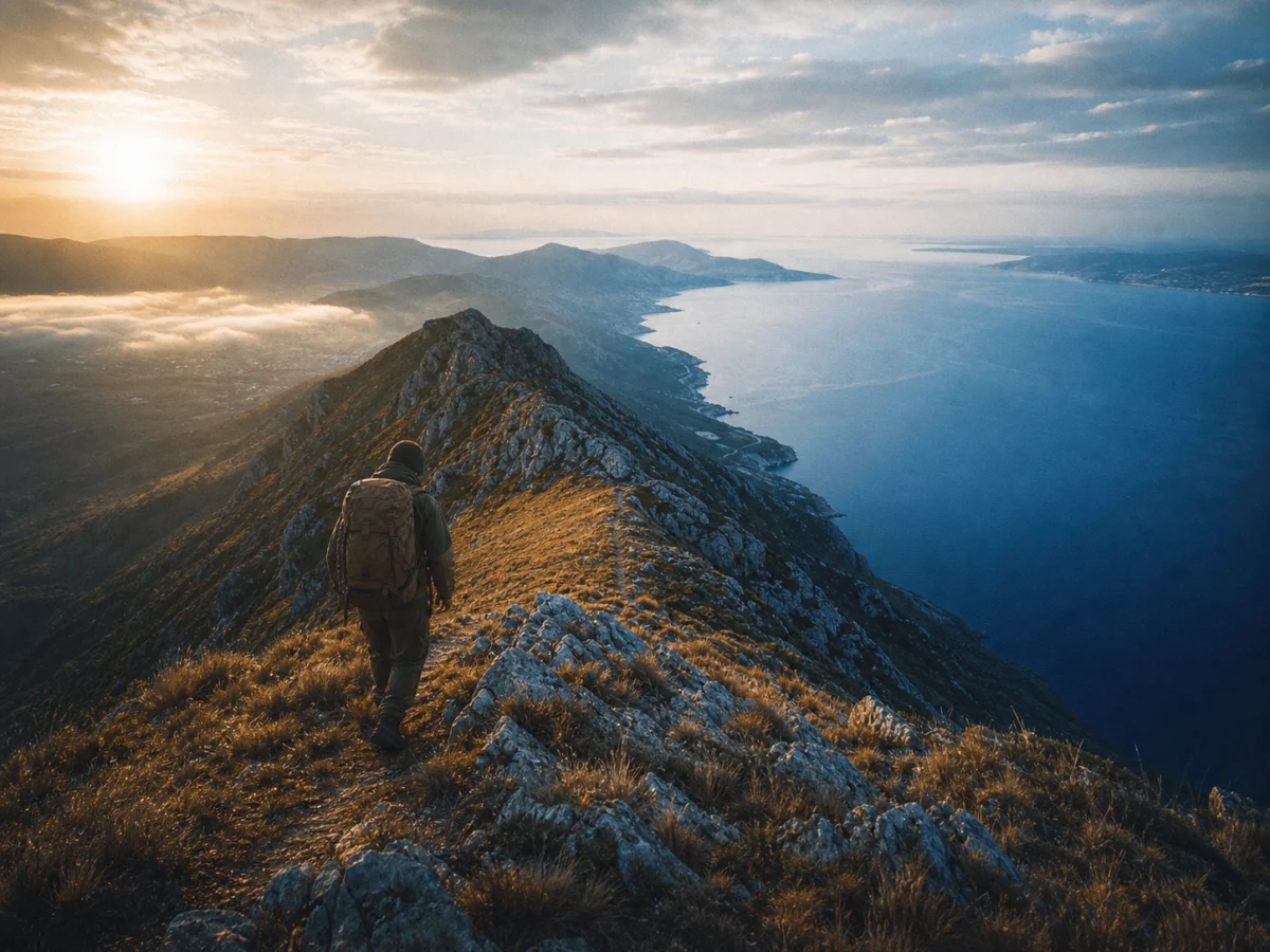 AI-generated analog-film mountain and sea travel key art