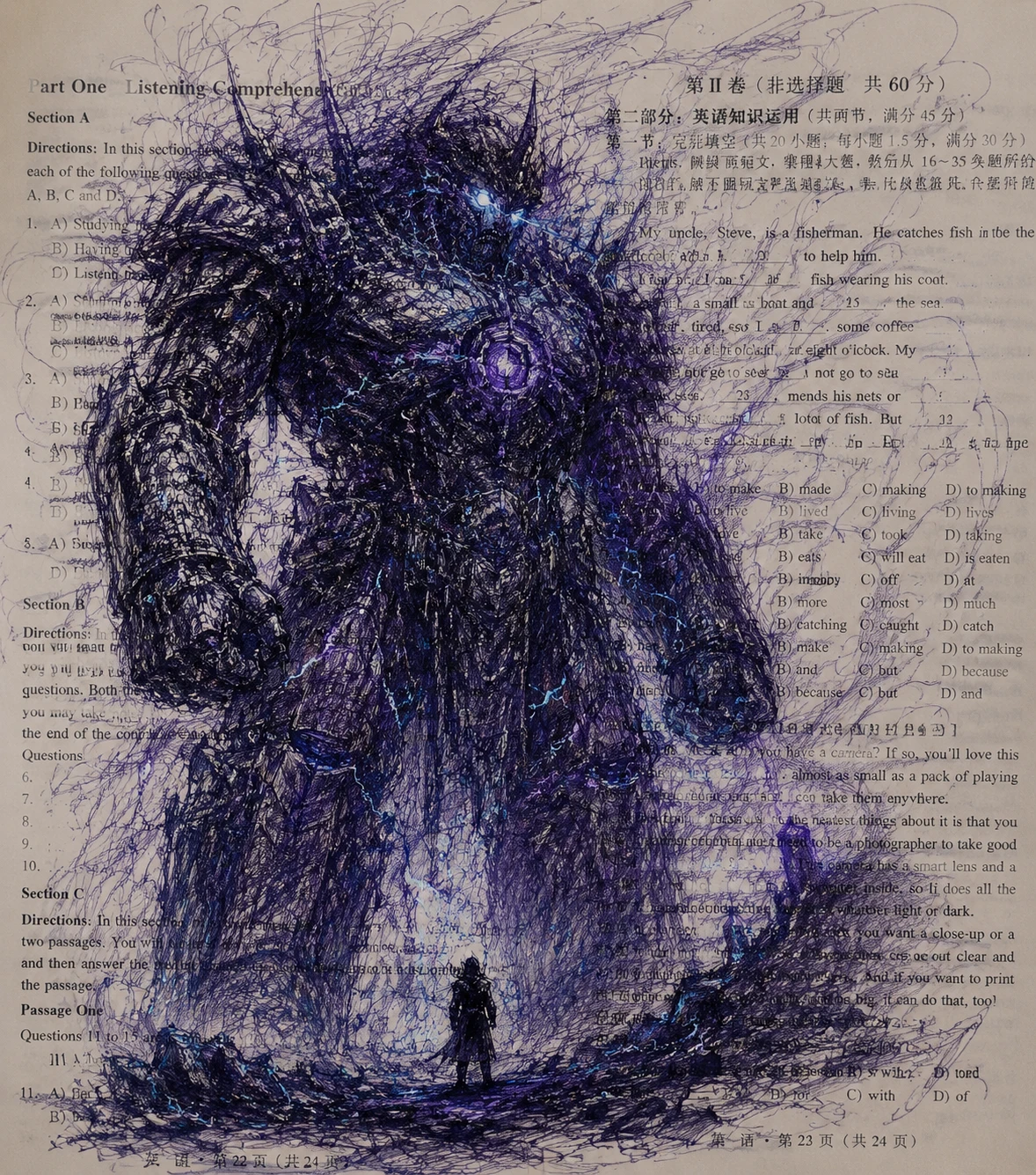 A scribble-drawn colossal creature emerging over a bilingual exam-paper page