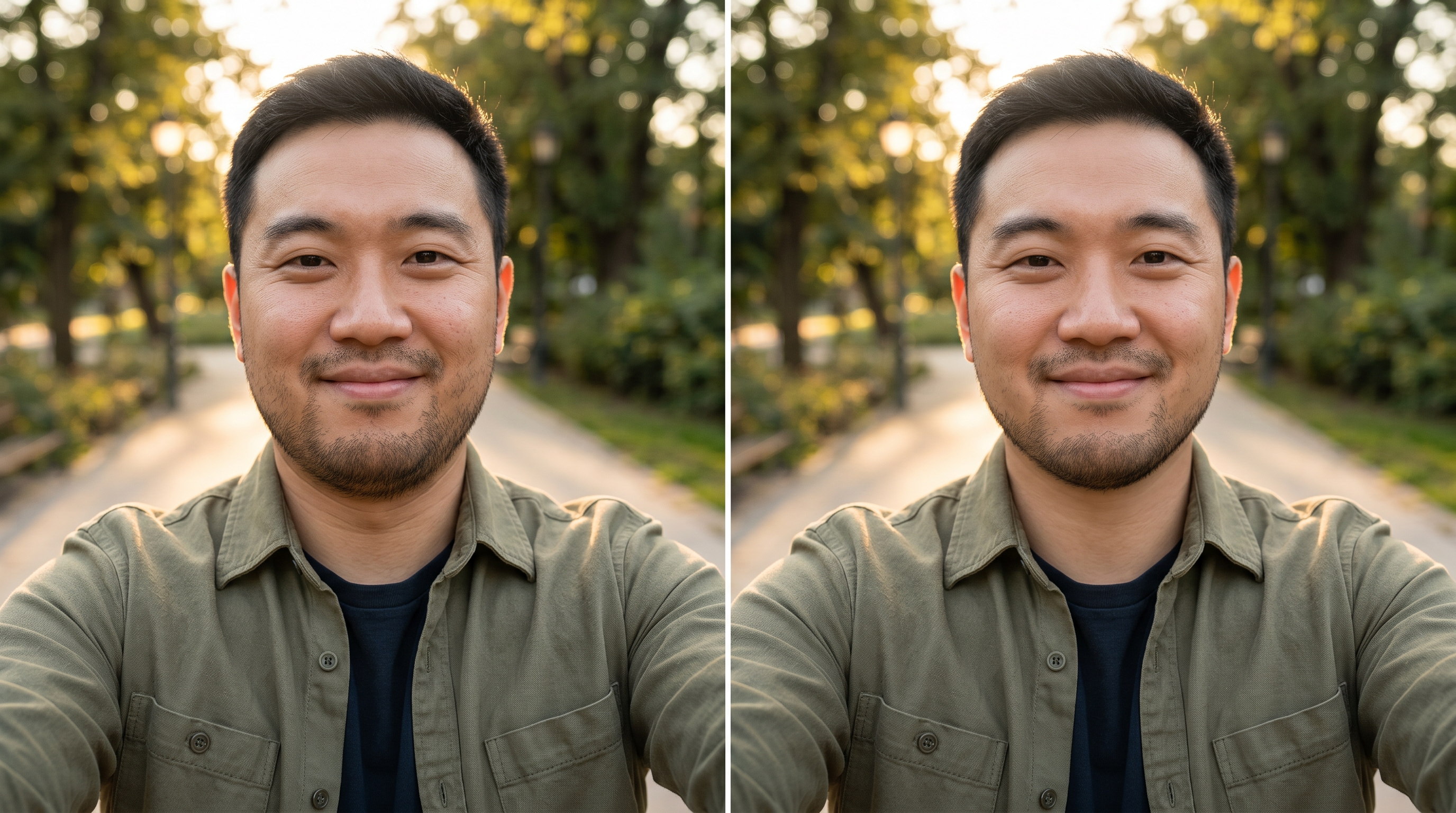 Outdoor portrait comparison showing a natural way to fix double chin in photo