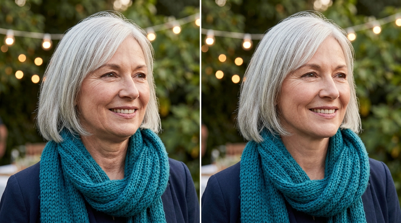 Garden party portrait comparison for edit double chin in pictures
