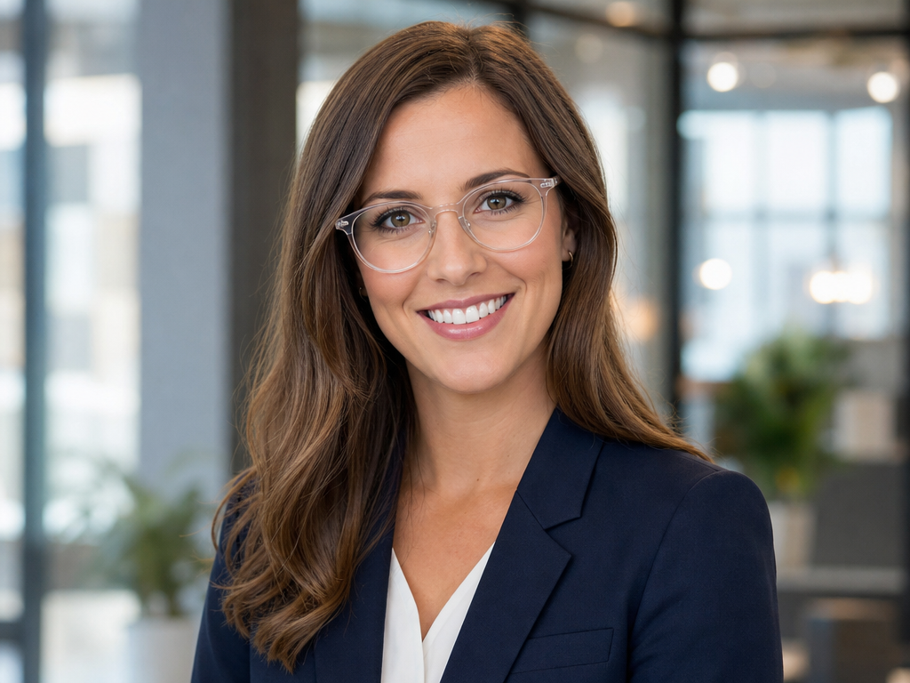Office headshot after glasses glare removal